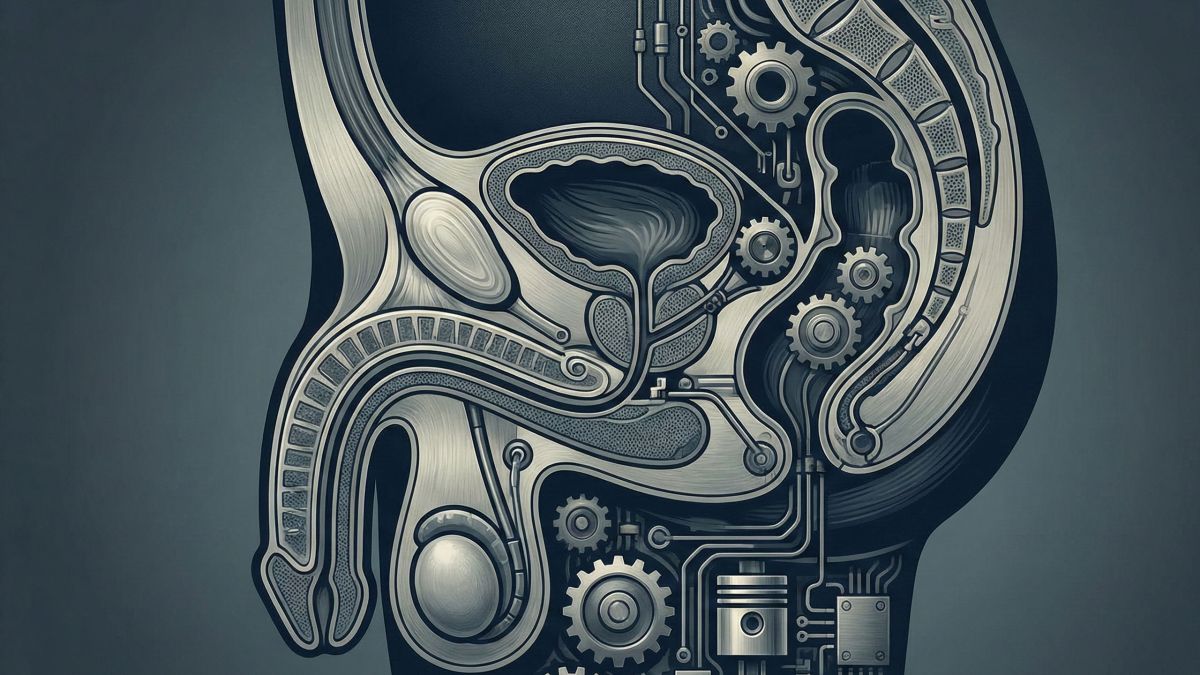 男性の性的反応サイクルの4つの段階と二重制御モデルを示す図。
