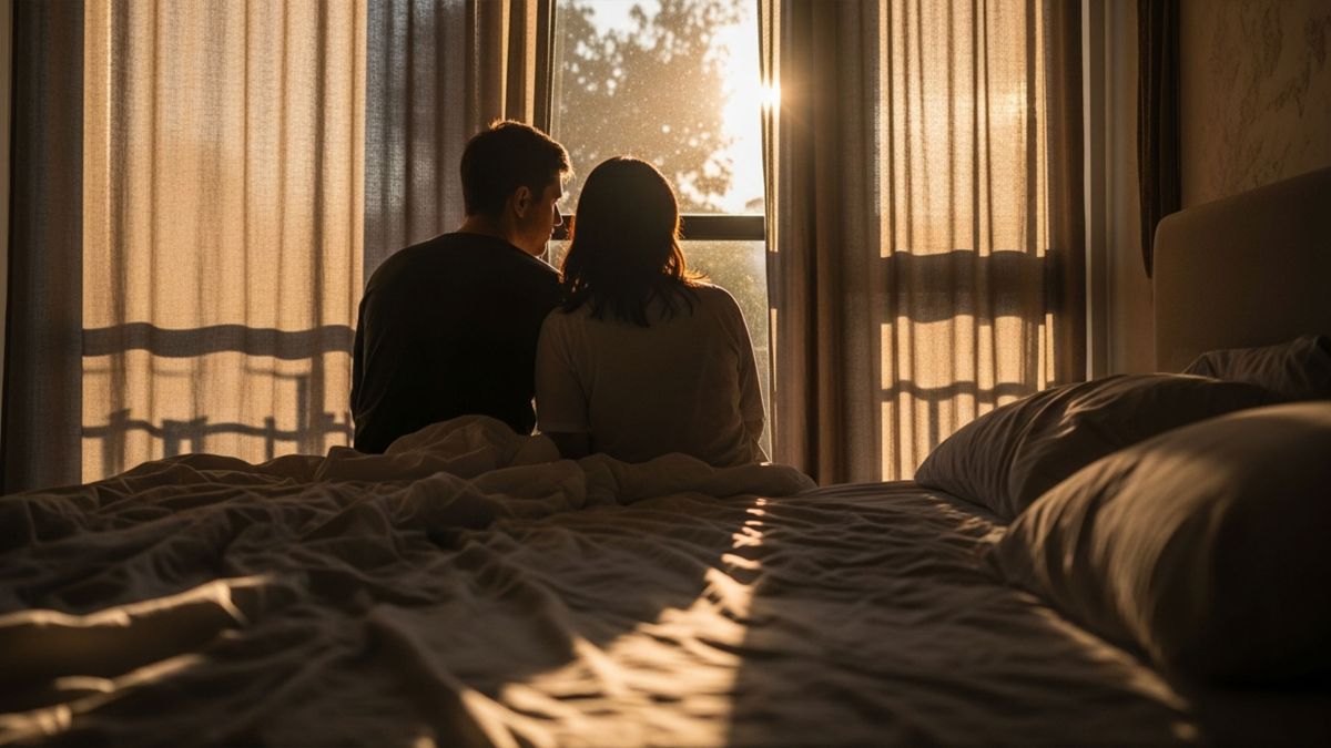 Siluetas de una pareja sentada muy cerca en la luz de la mañana, representando honestidad y conexión emocional.