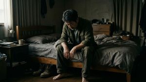 早朝の光の中でベッドの端に座り、ストレスと睡眠不足の影響を感じる男性