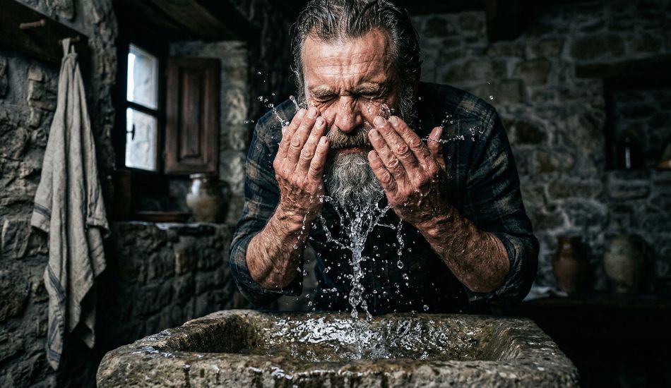 Un homme à barbe courte se jette de l’eau au visage dans une salle de bain minimaliste.