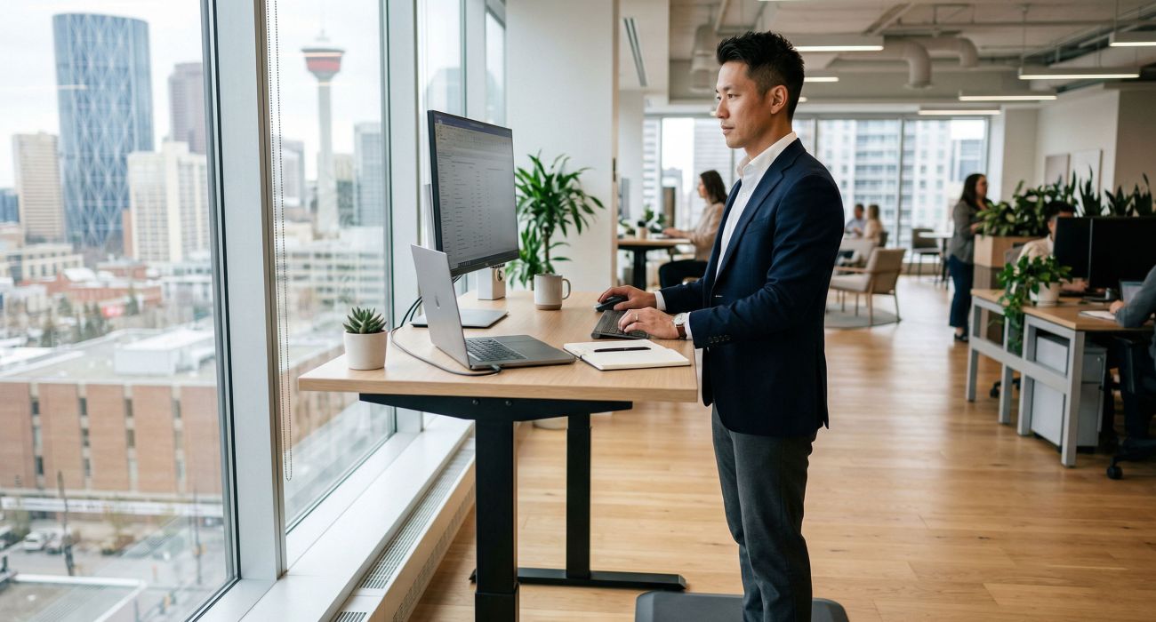 スタンディングデスクを使用して骨盤の血流と姿勢を改善する男性。