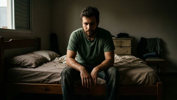 Homem sentado na beira da cama pela manhã refletindo sobre os efeitos do estresse e da falta de sono