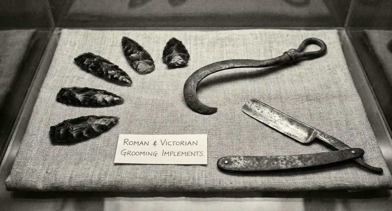 Collection d’outils de soin masculins traditionnels et modernes, dont un rasoir droit et un rasoir de sûreté.