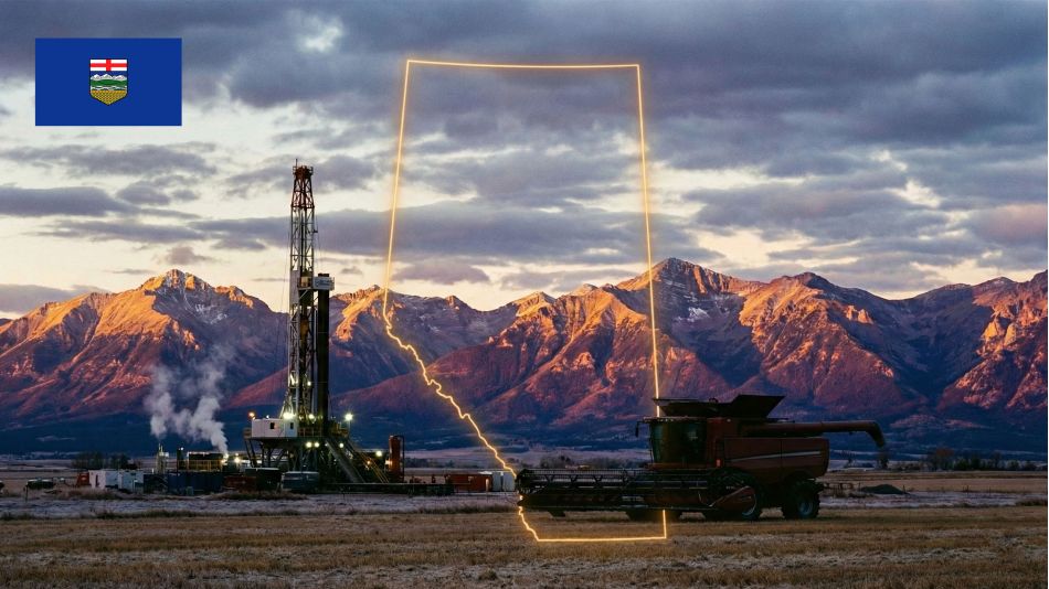 Un atardecer sobre las Montañas Rocosas de Alberta y un paisaje industrial que representa el futuro soberano de la provincia.