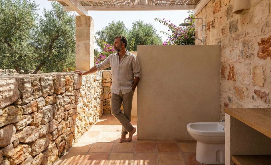 A clean, traditional Mediterranean bathroom setup highlighting a bidet for masculine hygiene.