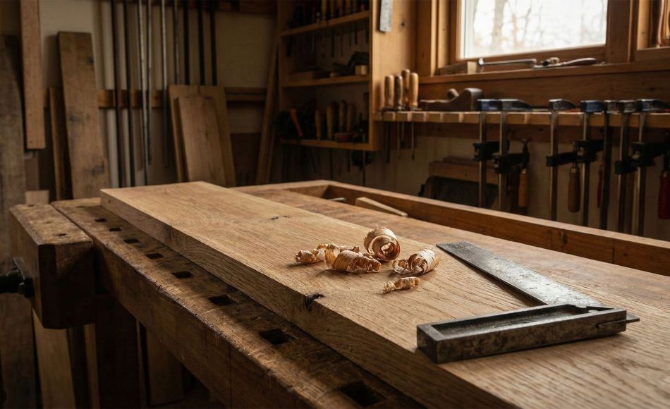 A man’s hands working with traditional woodworking tools on a sturdy workbench.