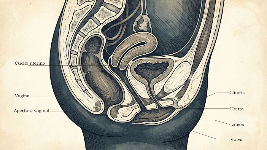 Diagrama anat&oacute;mico profesional del sistema reproductivo femenino con fines educativos.