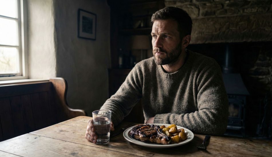 Ein kräftiger Mann sitzt an einem Holztisch und genießt eine herzhafte, traditionelle Mahlzeit.