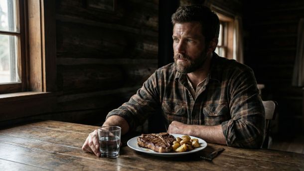 A rugged man sitting at a wooden table enjoying a hearty, traditional meal.