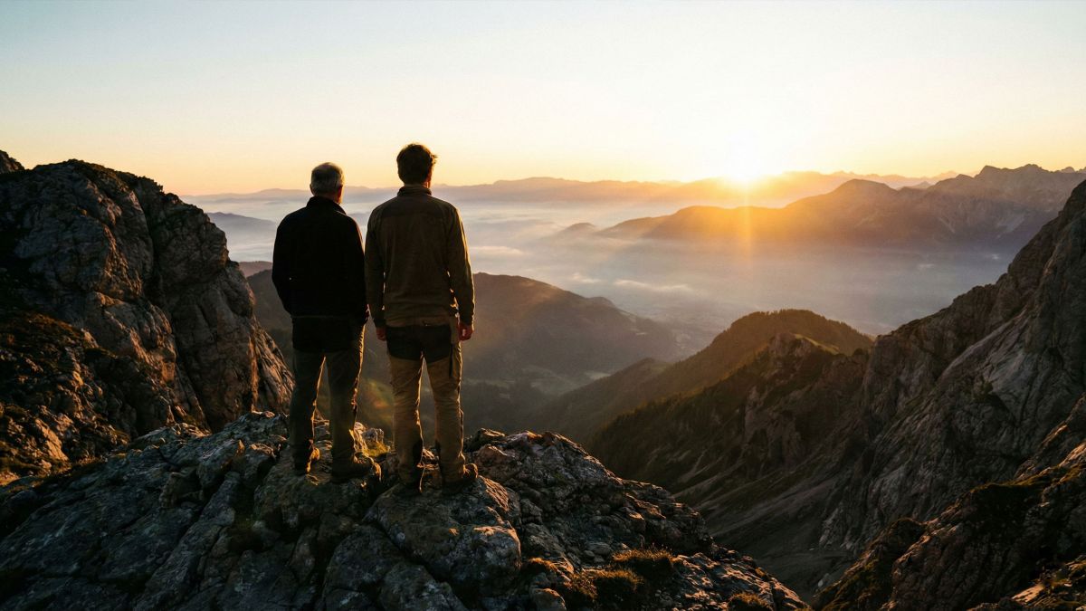 Un padre y su hijo observando un paisaje montañoso, simbolizando guía y legado masculino.