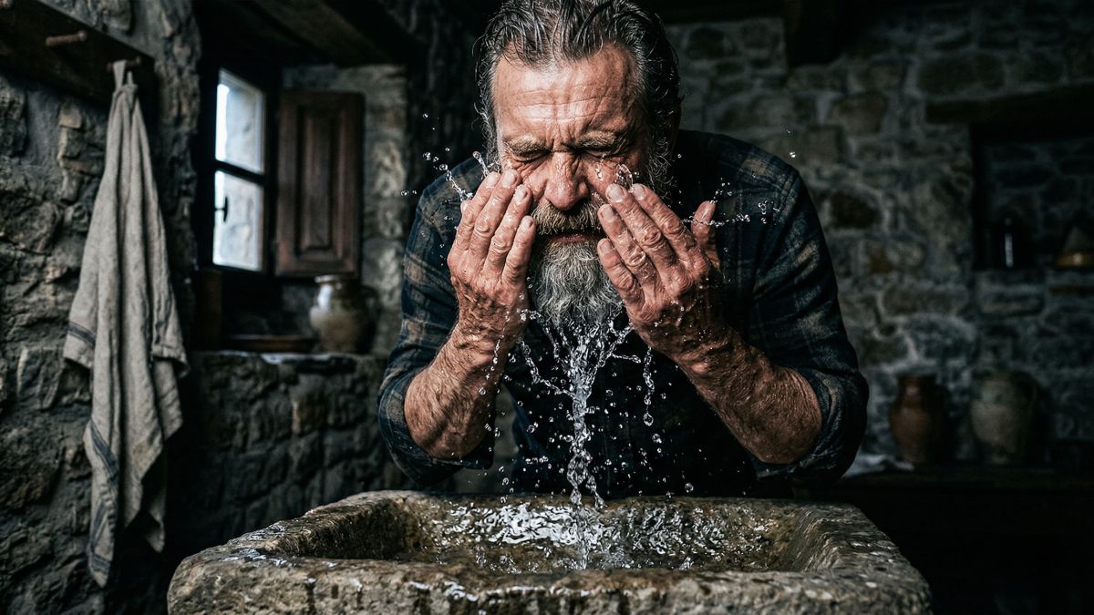 Un homme à barbe courte se jette de l’eau au visage dans une salle de bain minimaliste.