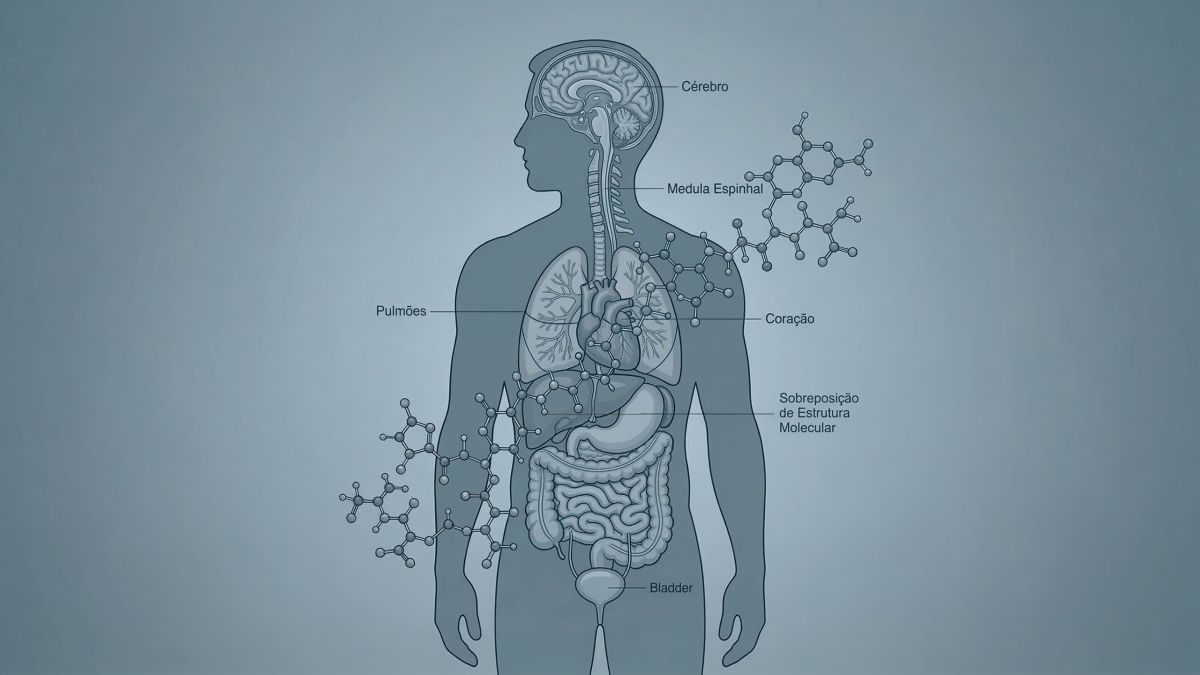 Ilustração de uma figura masculina sobreposta à estrutura molecular de microplásticos, representando a previsão de declínio dos níveis de testosterona até 2050.