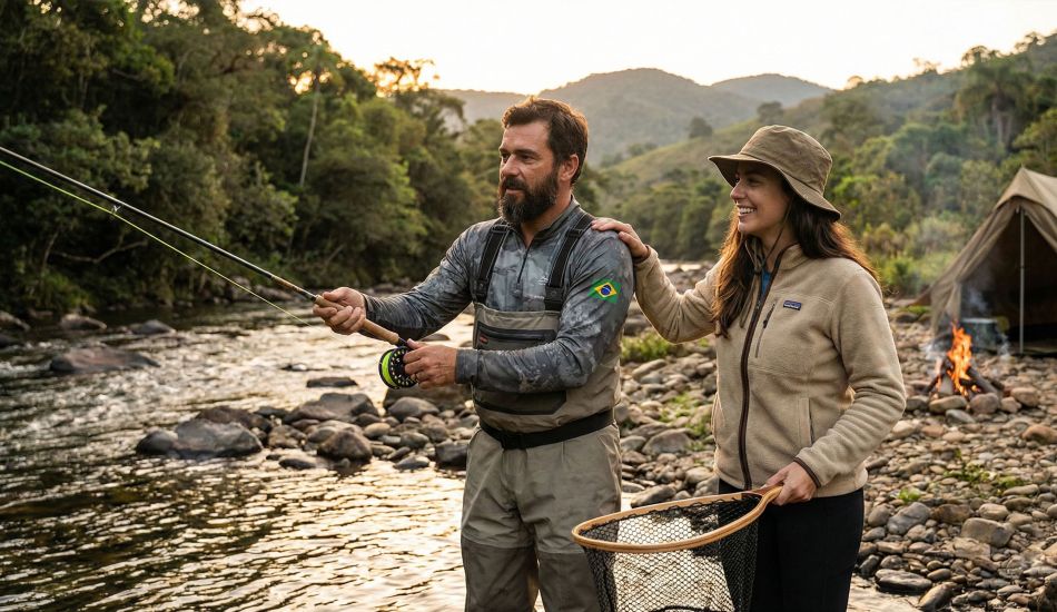 Homem e mulher vivendo uma aventura ao ar livre que simboliza compatibilidade e parceria tradicional
