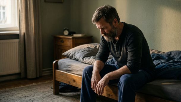 Mann sitzt morgens am Bettrand und reflektiert die Auswirkungen von Schlafmangel und Stress