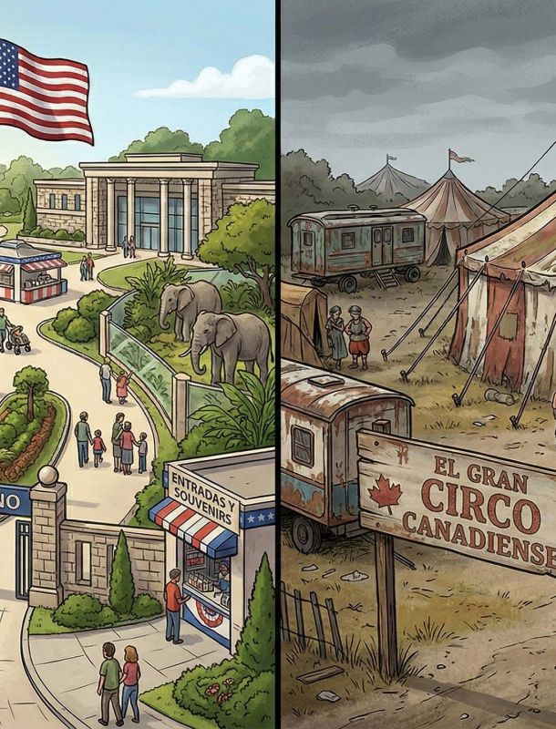 Ilustración que muestra el zoológico político estadounidense moderno y el circo político canadiense deteriorado.