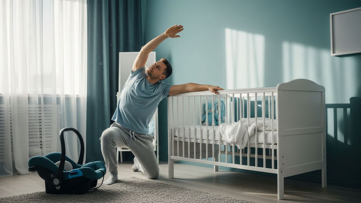 Homme se préparant à la paternité avec un étirement matinal et une routine calme sous une lumière bleu doux