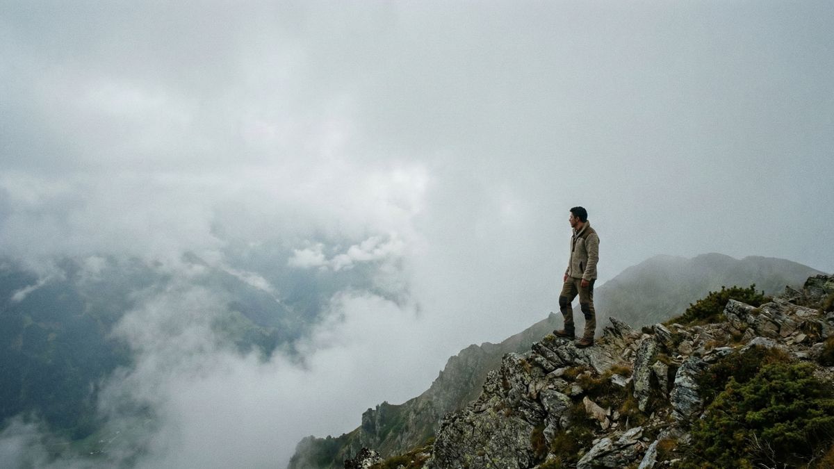 Un hombre parado solo en una cresta de montaña neblinosa y escarpada, evitando preocupaciones médicas.