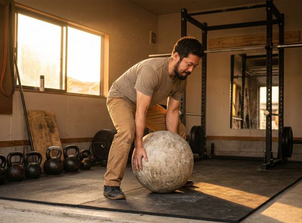 機能的な戦士の筋力を鍛えるため、不規則な物体を持ち上げる男性。
