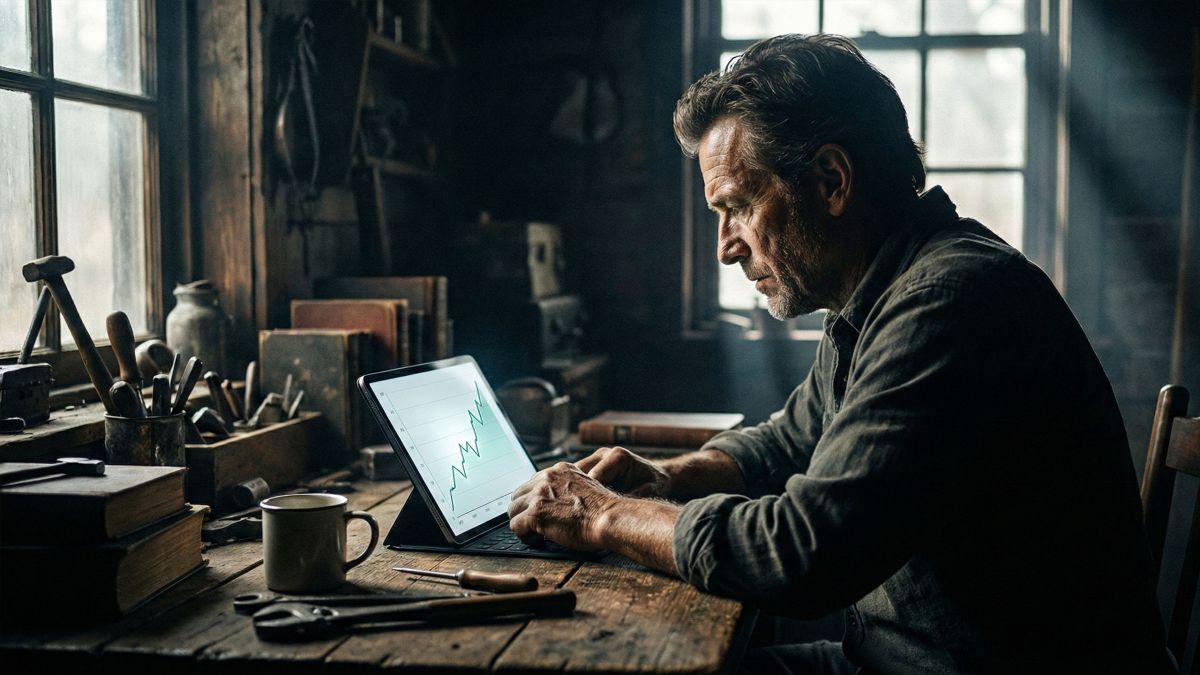 Ein Mann analysiert kritisch Datentrends auf einem digitalen Tablet in einem Arbeitszimmer.