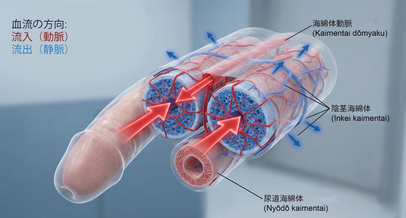 覚醒中の男性解剖学の内部油圧室を示す図。