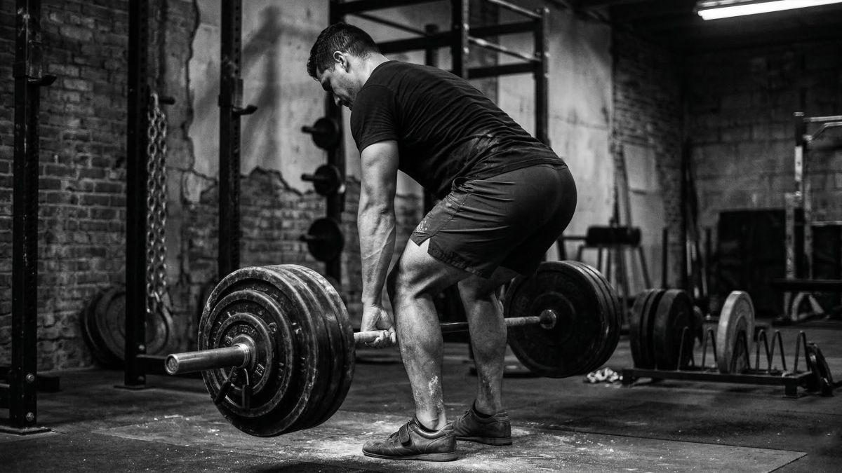 Hombre realizando un levantamiento de peso muerto con barra pesada con soporte corporal completo, lo que representa la activación del suelo pélvico y la estabilidad del tronco en atletas masculinos.