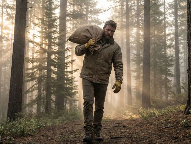 A man demonstrating functional strength by carrying a heavy load in a natural outdoor environment.
