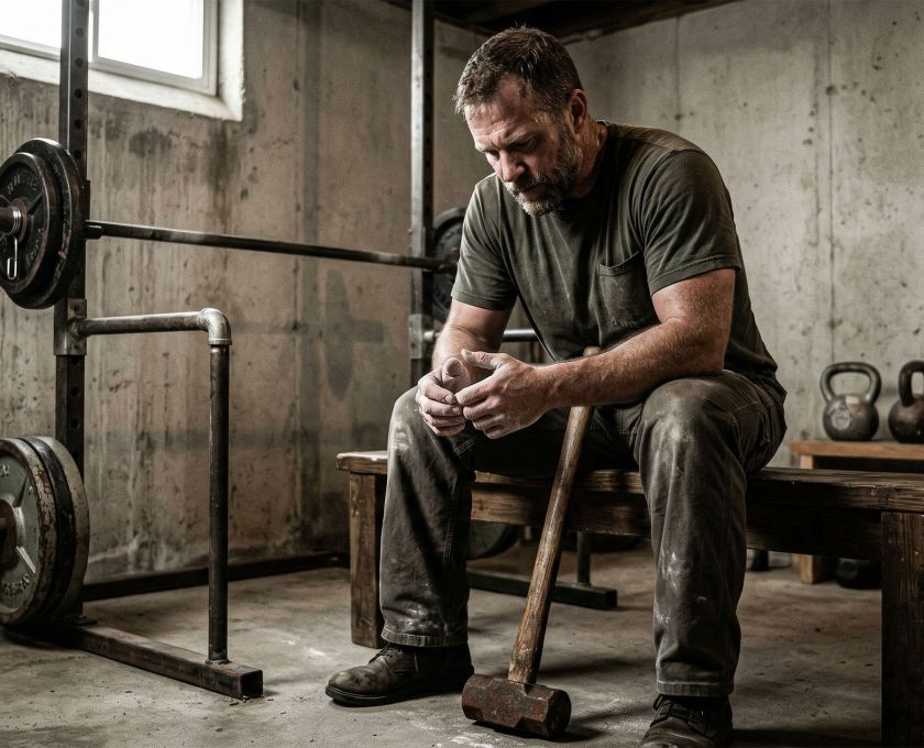A man focusing on functional strength and manual work in a rugged environment.