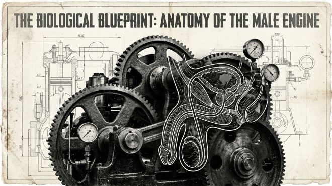 Technical blueprint style illustration of male physiological structures.