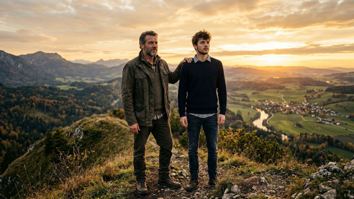 Ein Vater und sein Sohn stehen zusammen in der goldenen Stunde, repräsentieren männliche Stärke, Vaterschaft und Familienvermächtnis