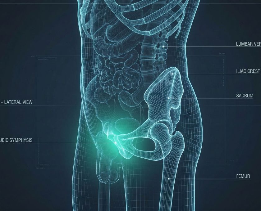 Ilustração médica de uma pelve masculina destacando a área suprapúbica e o alinhamento pélvico.
