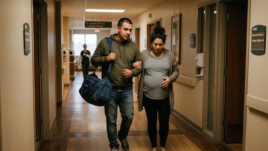 Un futuro padre caminando con su esposa hacia la maternidad, emocional y abrumado de amor
