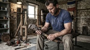 Un homme concentré sur la force fonctionnelle dans un environnement brut.