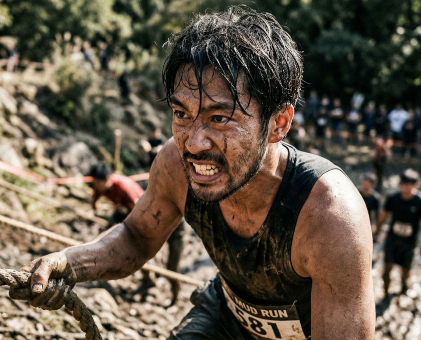 厳しい身体的挑戦に一人で挑む男性。生の駆動力と勝ち取った達成感を体現