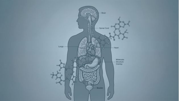 Illustration of male figure overlaid with microplastic molecular structure, representing testosterone decline forecast to 2050