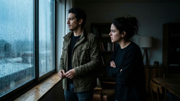 Un hombre estoico manteniendo la compostura durante una conversación difícil.