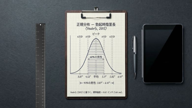 金属製の定規と統計ベルカーブが描かれたクリップボード。2015年の15,521人を対象としたペニスサイズのメタ分析データを表しています。