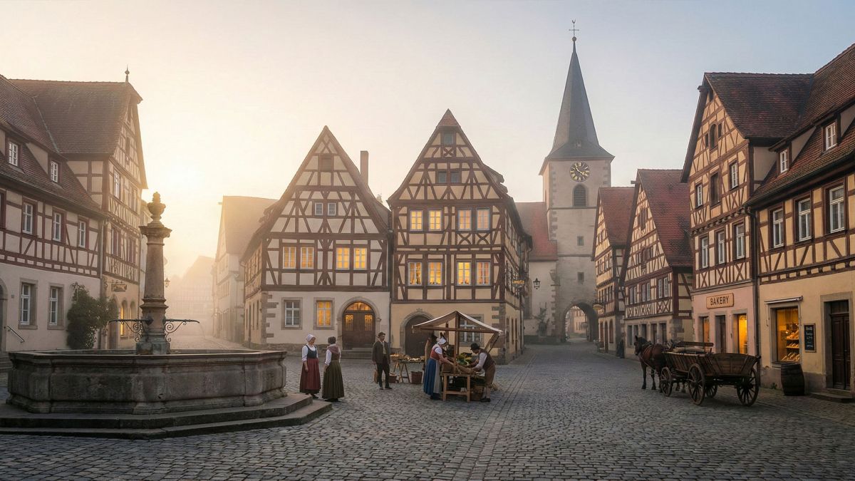 Ein historischer und ruhiger kolonialer Marktplatz als Sinnbild traditioneller Gemeinschaftswerte.