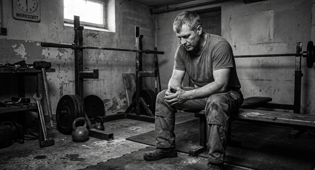 Ein Mann konzentriert sich auf funktionelle Stärke in rauer Umgebung.
