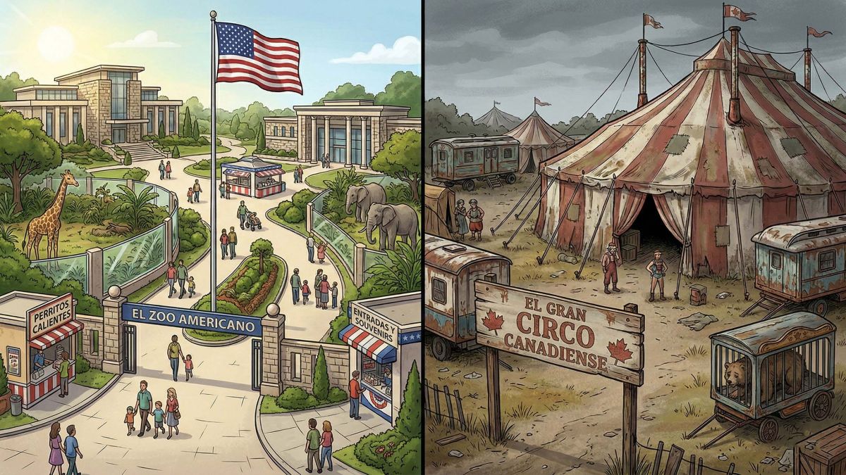 Ilustración que muestra el zoológico político estadounidense moderno y el circo político canadiense deteriorado.