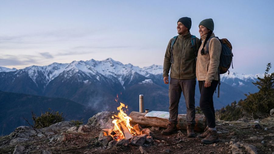 Una pareja tradicional de pie en un entorno natural y agreste.