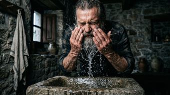 Un homme à barbe courte se jette de l’eau au visage dans une salle de bain minimaliste.