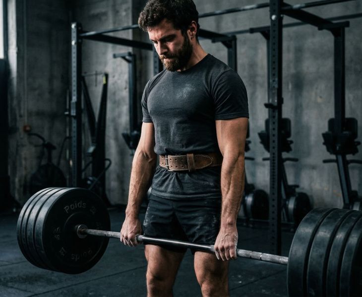 Un homme effectue un soulevé de terre avec une barre lourde et un gainage intégral, illustrant l'engagement du plancher pelvien et la stabilité du tronc chez les athlètes masculins.