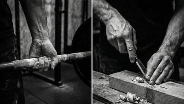 Um homem concentrado na competência física e no trabalho manual como forma de aceitação corporal.