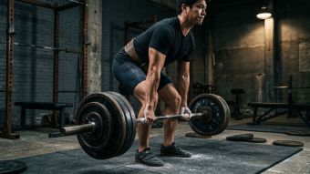 全身を支えながら重いバーベルデッドリフトを行う男性。これは男性アスリートにおける骨盤底筋の働きと体幹の安定性を示している。