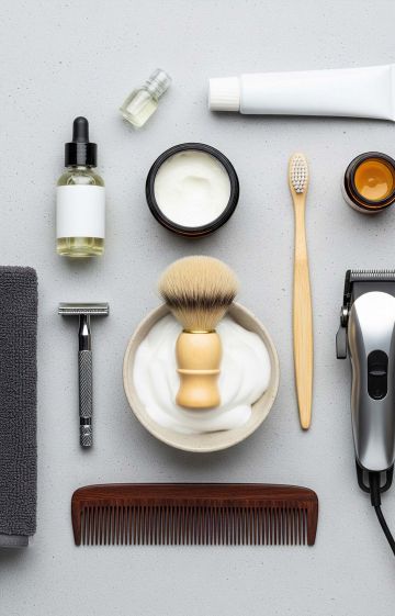 Men’s grooming and sexual health products on a table.