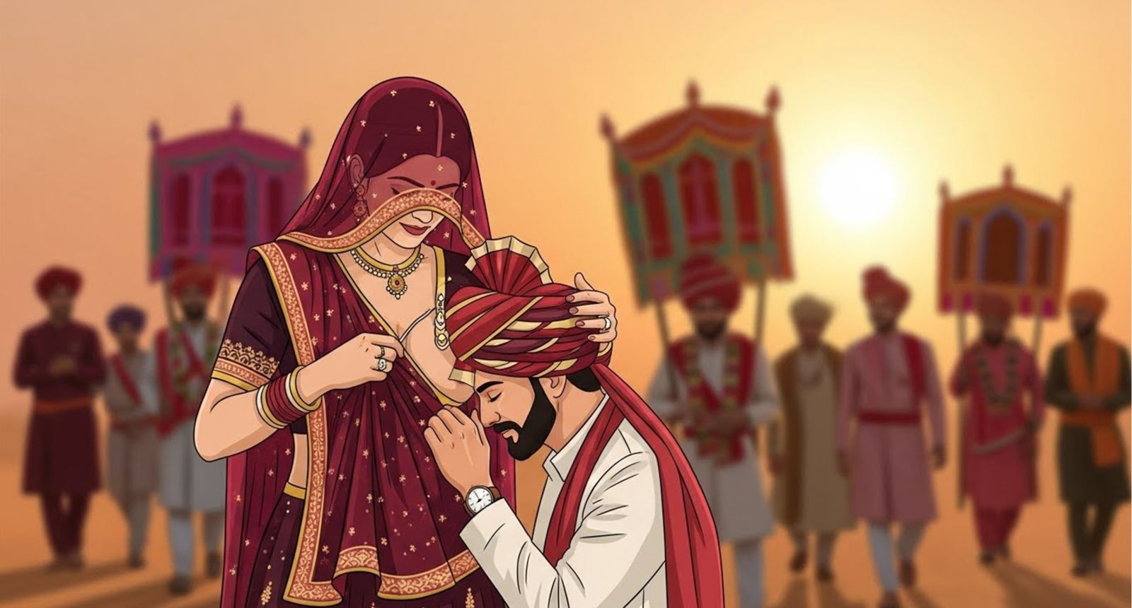Illustration des Ma ka Doodh Pilana Rituals bei der Rajasthani Hochzeits-Baraat