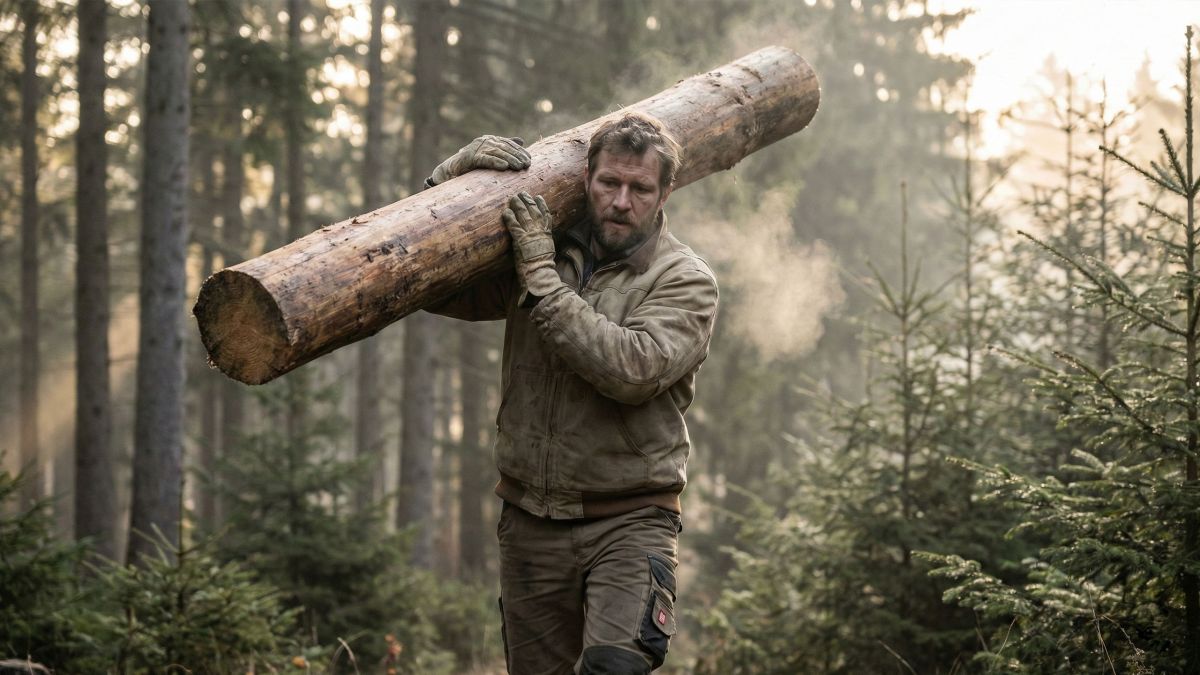 Ein Mann zeigt funktionale Stärke, indem er eine schwere Last in freier Natur trägt.