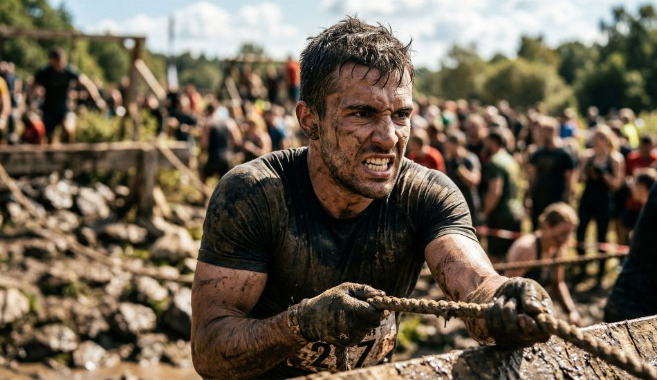 Man competing alone in a demanding physical challenge, embodying raw drive and earned achievement