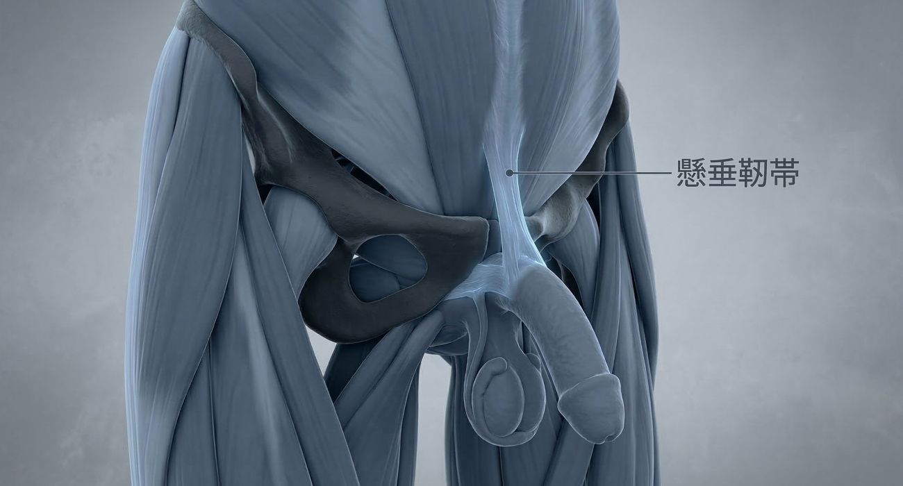 男性の懸垂靭帯と恥骨結合を示す3D医療イラスト。