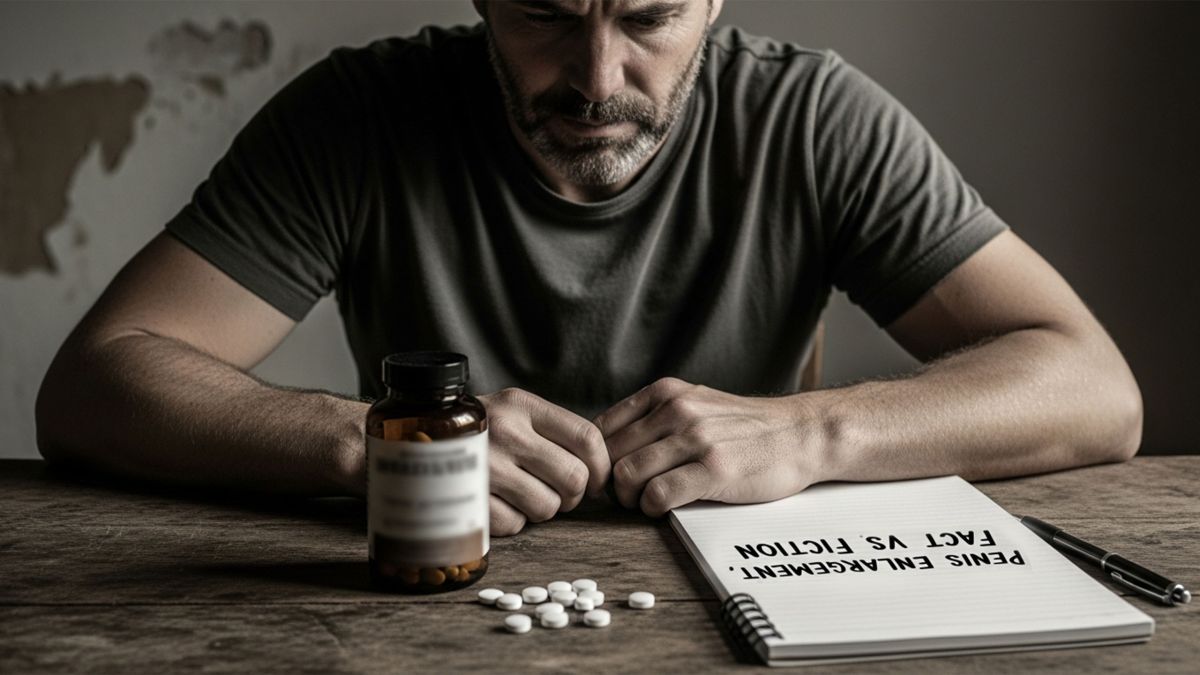 Homme analysant des compléments pour la santé masculine avec une liste vrai/faux sur la table.